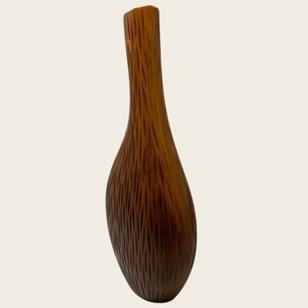 Vintage 1980s Carved Wood Vase Sculptural Boho Organic Feathered Flame